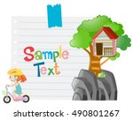 Child riding away from tree house on paper