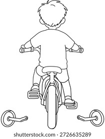 Niño montando bicicleta con ruedas de entrenamiento separadas. Ilustración del contorno de la vista posterior