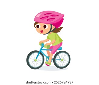 Criança andando de bicicleta. Garota com capacete na bicicleta.