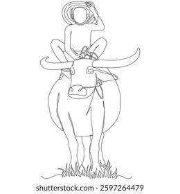 Child Riding a Buffalo – Minimalist Line Art Illustration