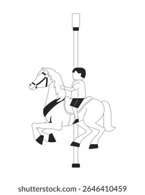 Child riding carousel horse at amusement park 2D line character. Nostalgic joy. Young kid enjoying merry go round isolated vector ink outline faceless person. Monochromatic spot illustration