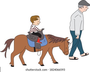 A child riding a horse. A child walks with his grandfather. The man holds the horse and the boy is sitting on the horse.