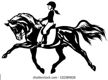 child riding horse,black and white side view vector illustration