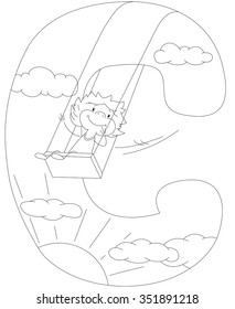 Child riding on a swing. Letter C. Coloring book. Vector illustration