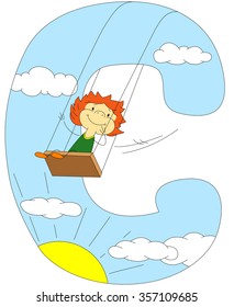 Child riding on a swing. Letter "C". Vector illustration