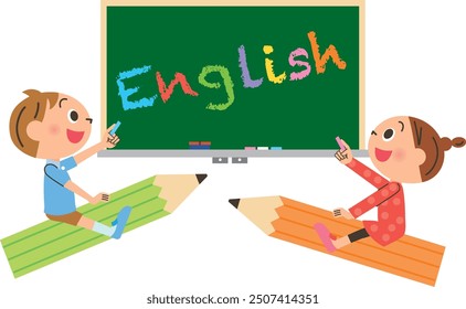 A child riding a pencil studying English