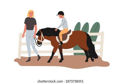 Child riding pony at racecourse. Instructor teaching kid at equestrian school. Lesson of horseriding for children. Boy in helmet on horseback. Flat vector cartoon illustration isolated on white