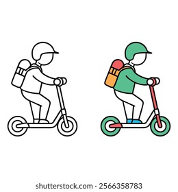 Child Riding a Scooter with Backpack - Cute Outline Illustration