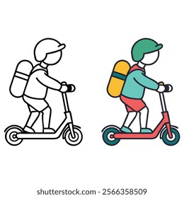 Child Riding a Scooter with Backpack - Line Art and Color Options