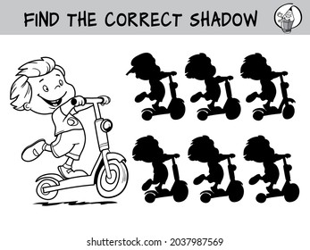 Child riding a scooter. Find the correct shadow. Educational game for children. Black and white cartoon vector illustration