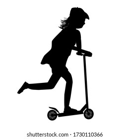 Child riding scooter silhouette isolated on white background. Active outdoor fun and entertainment for boys and girls. Roller sport. City transport rent or bike sharing for riding and fun. Vector