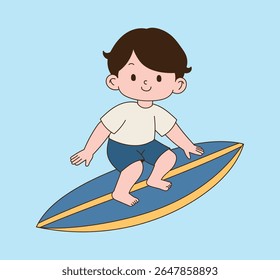 A child riding a surfboard in the sea. minimal line illustration.