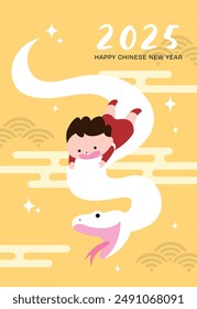 Niño montando serpiente zodiacal para el nuevo año 2025. Chica linda de la tarjeta de felicitaciones del año nuevo chino 2025 con la Ilustración vectorial de la serpiente.