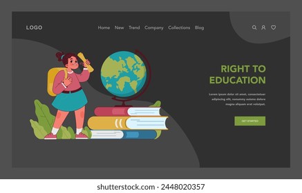 Child rights concept. Bright girl student with zest for knowledge, standing ready with backpack, embodies universal right to education. Providing access to school for every kid. Vector illustration