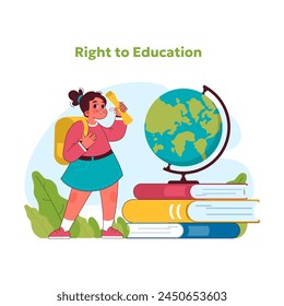 Child rights concept. Bright girl student with zest for knowledge, standing ready with backpack, embodies universal right to education. Providing access to school for every kid. Vector illustration