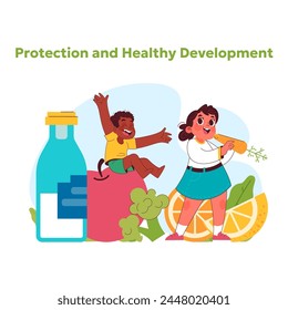 Child rights concept. Cheerful children engaging in hydration and nutrition. Focus on health and well-being in early development. Importance of kids protection and healthy growth. Vector illustration