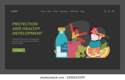 Child rights concept. Cheerful children engaging in hydration and nutrition. Focus on health and well-being in early development. Importance of kids protection and healthy growth. Vector illustration