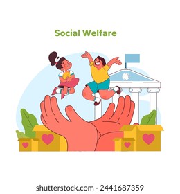 Child rights concept. Exuberant children buoyed by society support, exemplifying the spirit of communal care and social welfare. Protecting kids with government help. Vector illustration