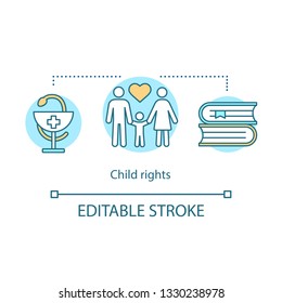 Child rights concept icon. Childcare idea thin line illustration. Loving family. Kids treating, educating. Medicine, education. Children custody. Vector isolated outline drawing. Editable stroke