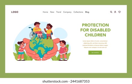 Child rights concept. Inclusive world embracing children with disabilities, promoting global awareness and support for their rights and care. Protecting vulnerable social groups. Vector illustration