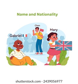 Child rights concept. Joyful children of various ages, genders and ages displaying their names and flags, celebrating diverse heritages, cultures and national identities. Vector illustration