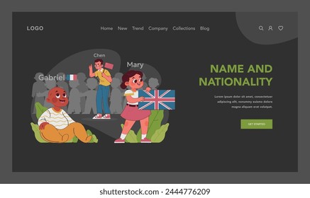 Child rights concept. Joyful children of various ages, genders and ages displaying their names and flags, celebrating diverse heritages, cultures and national identities. Vector illustration