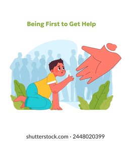 Child rights concept. Child in need reaches out, prioritized for assistance in depiction of society commitment to welfare of vulnerable minors. Help and protection of kids. Vector illustration