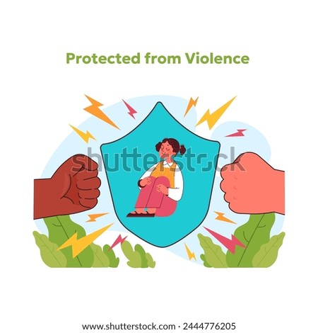 Child rights concept. Serene child symbolically shielded by protective barrier from fists, illustrating right to be safe, secure and free from violence. Guarded against abuse. Vector illustration