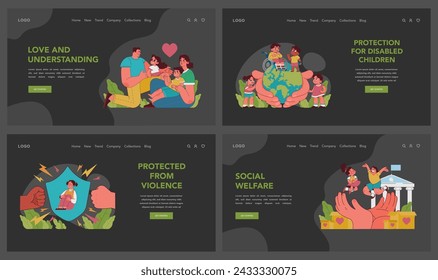 Child rights set. Ensuring safety and understanding for all children and teens. Embracing kids with disabilities, providing familial love, and securing social support. Vector illustration