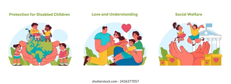 Child rights set. Ensuring safety and understanding for all children and teens. Embracing kids with disabilities, providing familial love, and securing social support. Vector illustration