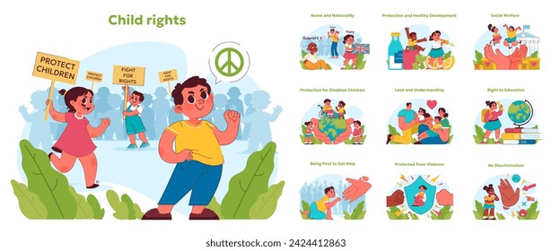 Child rights set. Multifaceted advocacy for kids, teens and youth welfare. Global diversity and inclusion. Educational access, social care, and protection from harm and violence. Vector illustration