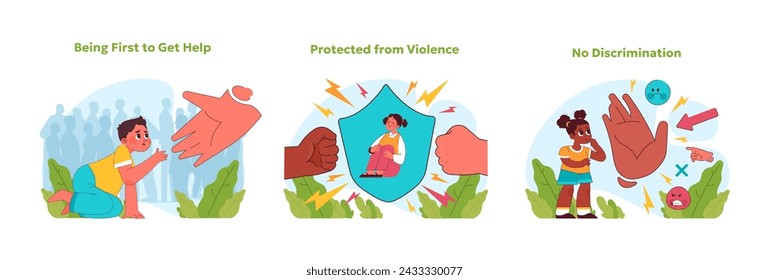 Conjunto de derechos del niño. Priorizar la ayuda para los vulnerables, protegerse del daño y promover la equidad. Abogar por la equidad, la seguridad y el apoyo en los jóvenes. No hay discriminación ni odio. Ilustración de vector