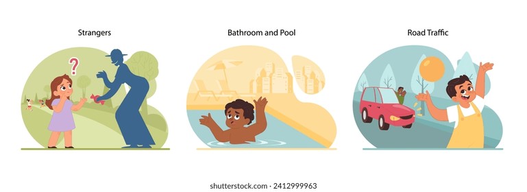 Child risk awareness set. Illustrating children encounters with strangers, water hazards in bathrooms and pools, and road traffic dangers. Preventing injuries and accidents. Flat vector illustration