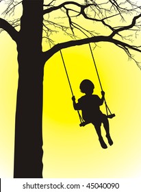 Child Rocking On The Swing, Hinged On The Tree