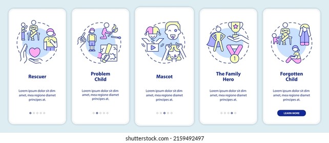 Child roles in dysfunctional families onboarding mobile app screen. Walkthrough 5 steps graphic instructions pages with linear concepts. UI, UX, GUI template. Myriad Pro-Bold, Regular fonts used