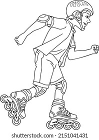 child rollerblading line vector illustration isolated on white background