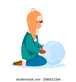 Child is rolling big snowball. Concept of winter fun. Vector illustration in flat style.