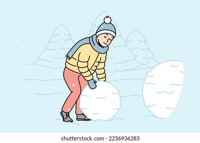 Child rolls big snowball to make snowman outdoors. Boy creates snow sculpture in street. Kid playing winter games outside during snowfall. Vector outline colorful isolated illustration.