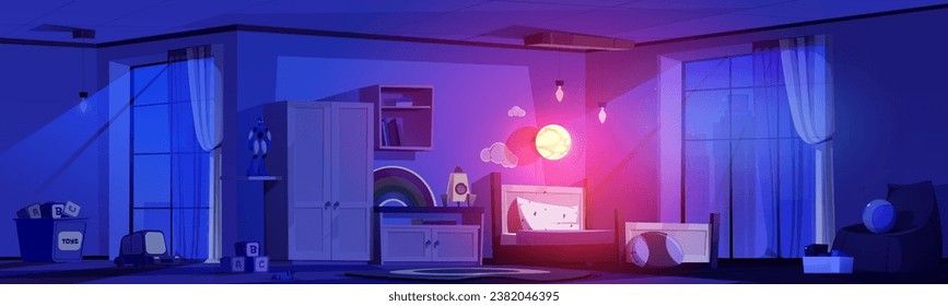 El interior de la habitación infantil por la noche. Dibujo vectorial de dibujos animados de un dormitorio de niños de color oscuro con cama, armario y otros muebles, juguetes y libros en la repisa, luz de la luna a través de una gran ventana y decoración espacial.