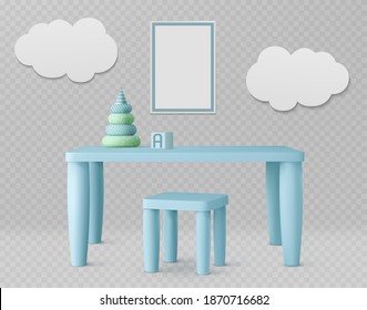 Child room with kids table, chair, white poster and clouds on wall. Vector realistic set of furniture for playroom or kindergarten, blue desk with pyramid toy isolated on transparent background