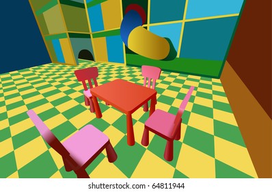 habitación infantil con laberinto y mesa con sillas vectorial