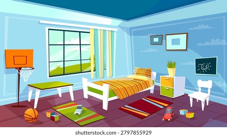 Child room vector illustration of kid boy bedroom interior background. Cartoon flat design of teen children room furniture bed, drawer and chair on carpet, basketball sports game equipment and toys