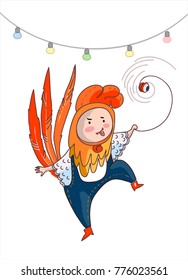 child in a rooster costume with a toy in his hand. New Year card.