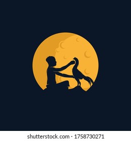 Child and rooster on the moon logo template