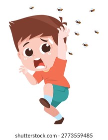 Child Running Away from Bees Cartoon Illustration