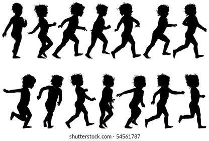 Child Running, Black Silhouettes, Fourteen Different Postures