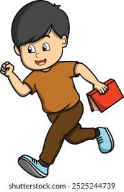 The child is running carrying a book