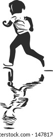 The child is running so fast stepped in the water with reflecting shadow.