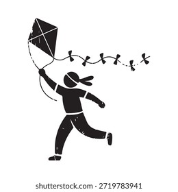 A child running and flying a diamond kite on a windy day