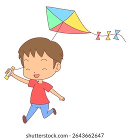 Child running flying a kite, hand drawn